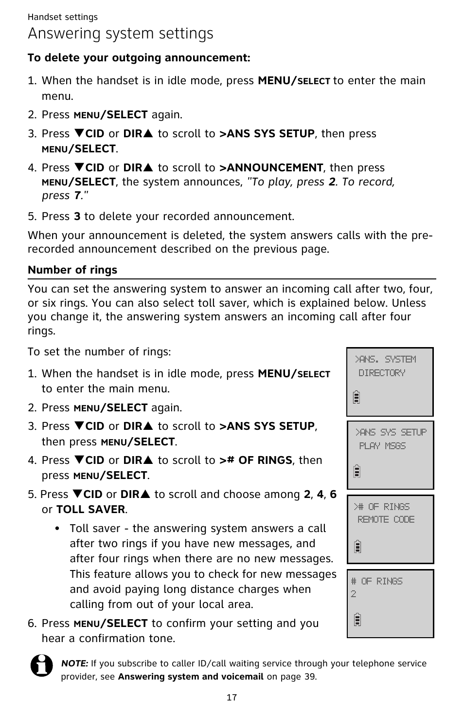 Number of rings, Answering system settings | AT&T CL82359 User Manual | Page 22 / 77