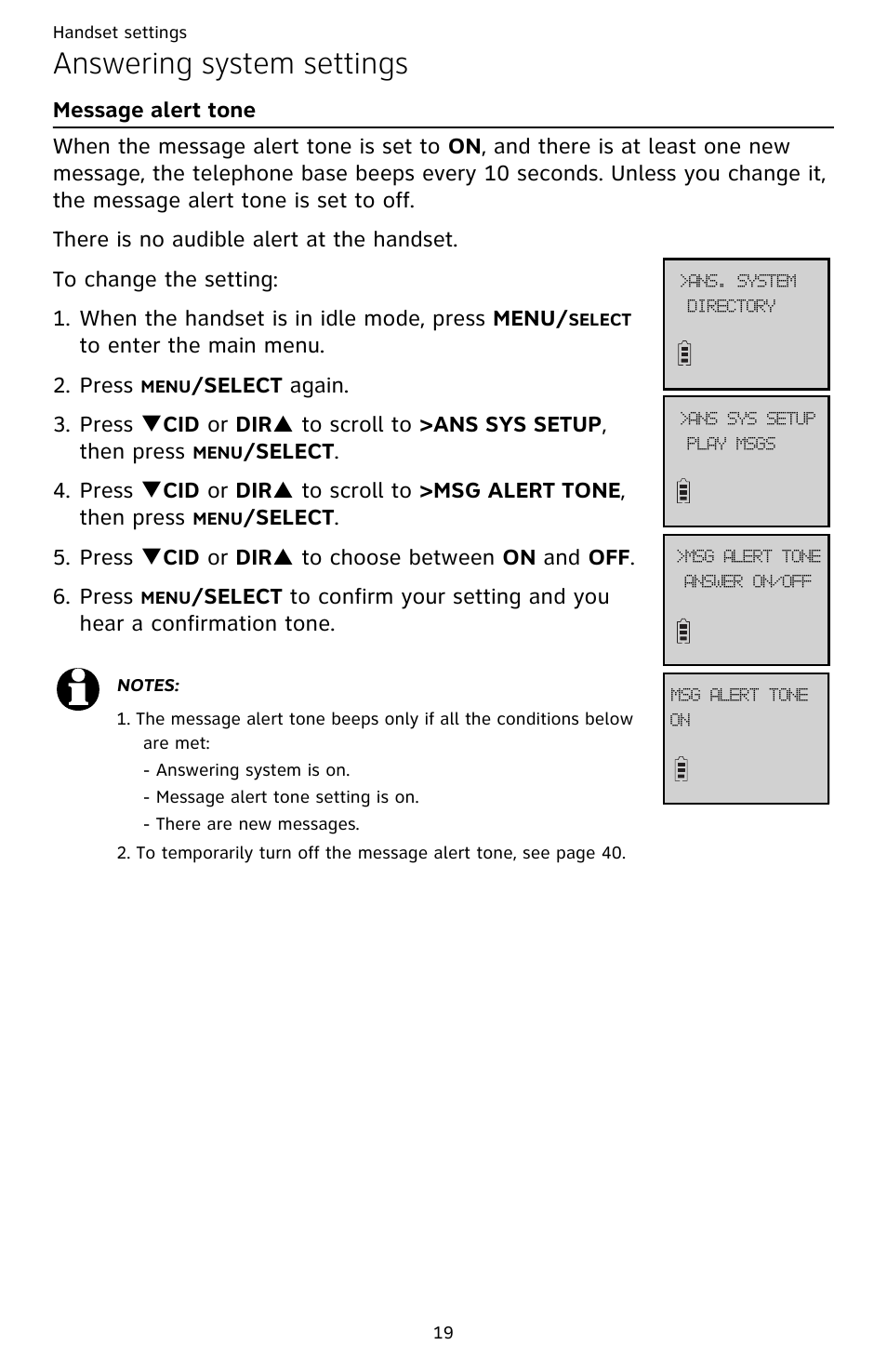 Message alert tone, Answering system settings | AT&T CL82359 User Manual | Page 24 / 77