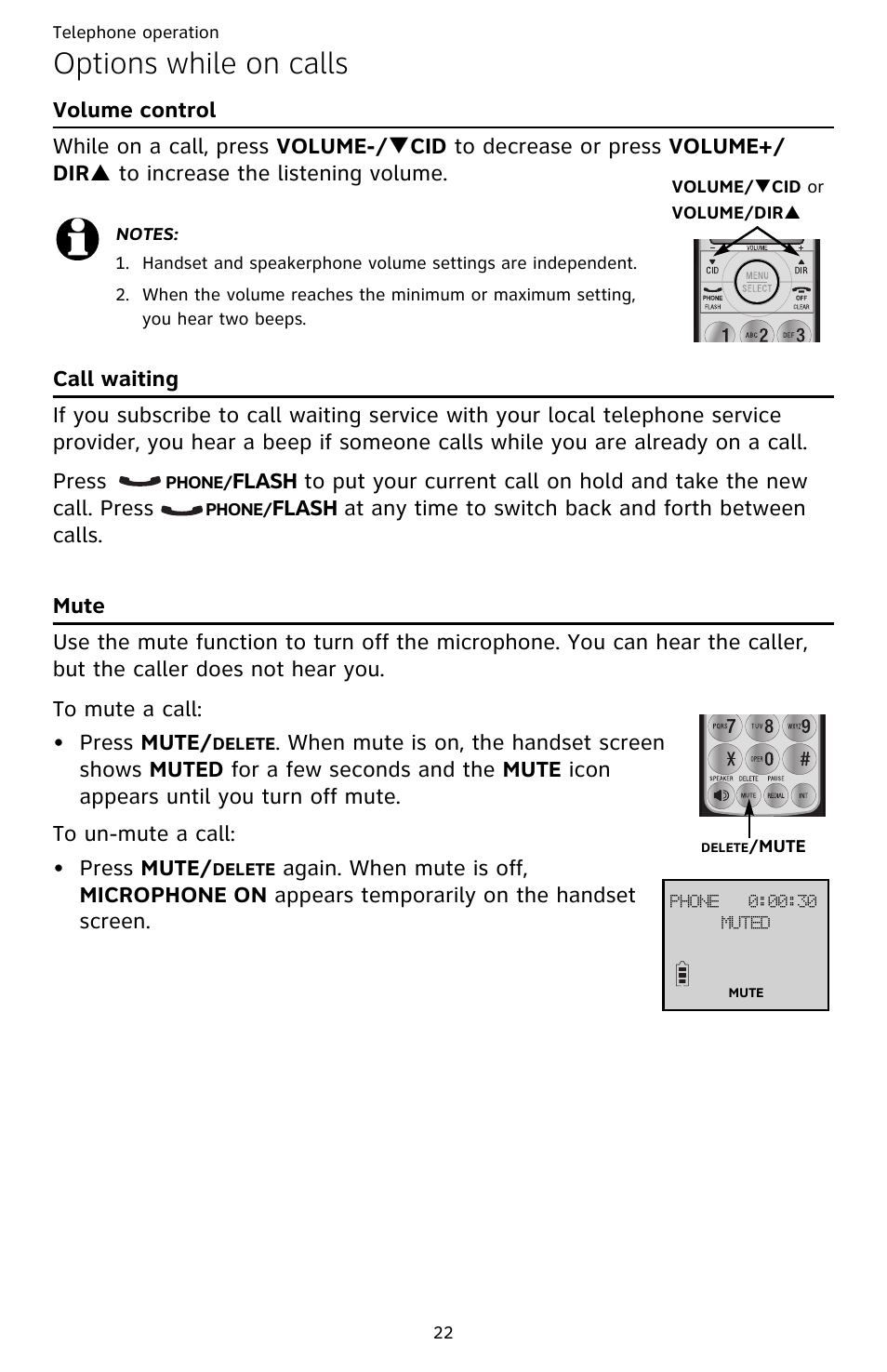 Options while on calls, Volume control call waiting mute | AT&T CL82359 User Manual | Page 27 / 77