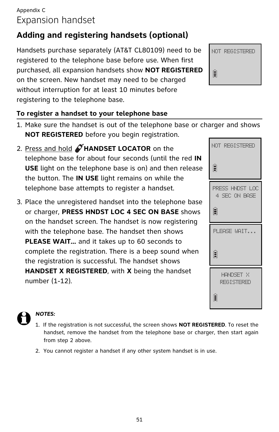 To register a handset to your telephone base, Expansion handset, Adding and registering handsets (optional) | AT&T CL82359 User Manual | Page 56 / 77