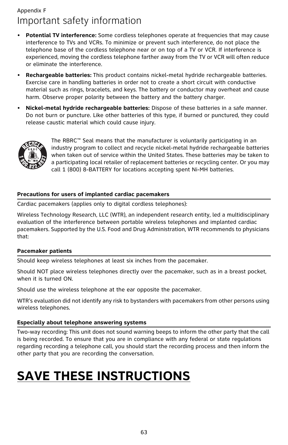 Save these instructions, Important safety information | AT&T CL82359 User Manual | Page 68 / 77