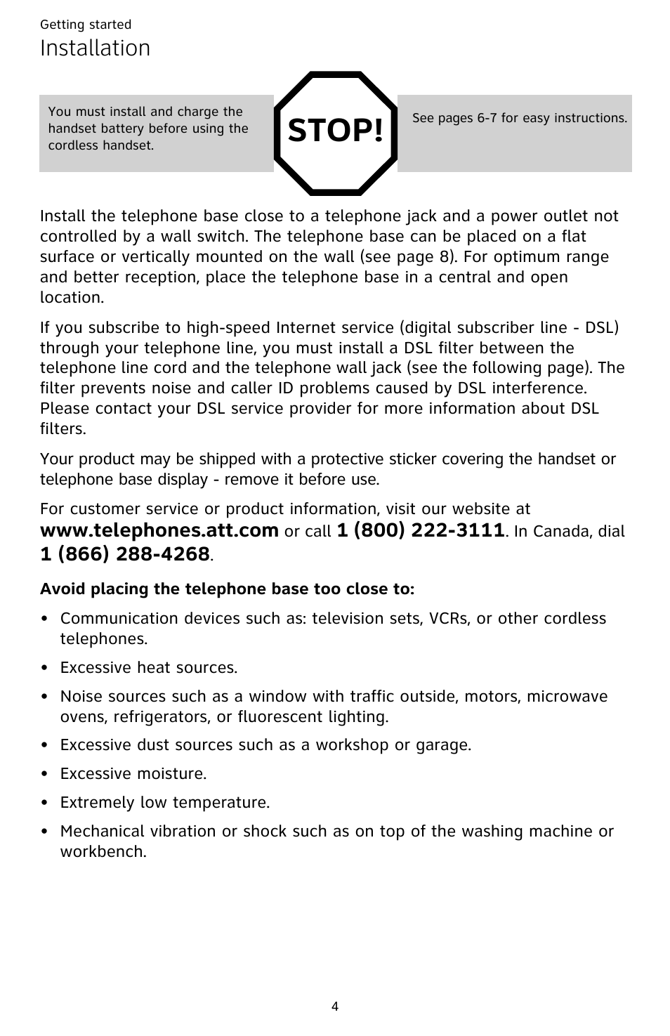 Installation, Stop | AT&T CL82359 User Manual | Page 9 / 77