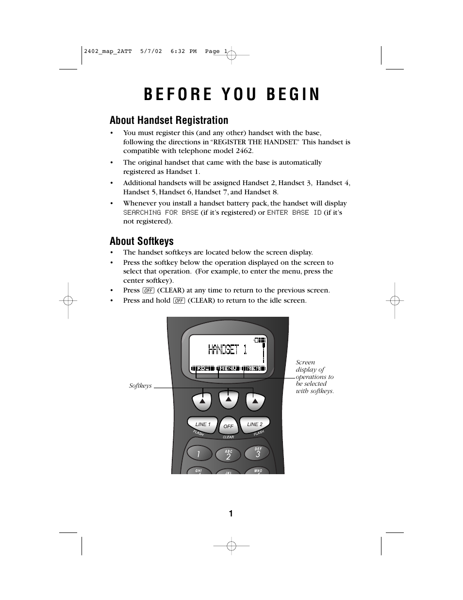 About handset registration, About softkeys | AT&T 2402 User Manual | Page 2 / 6