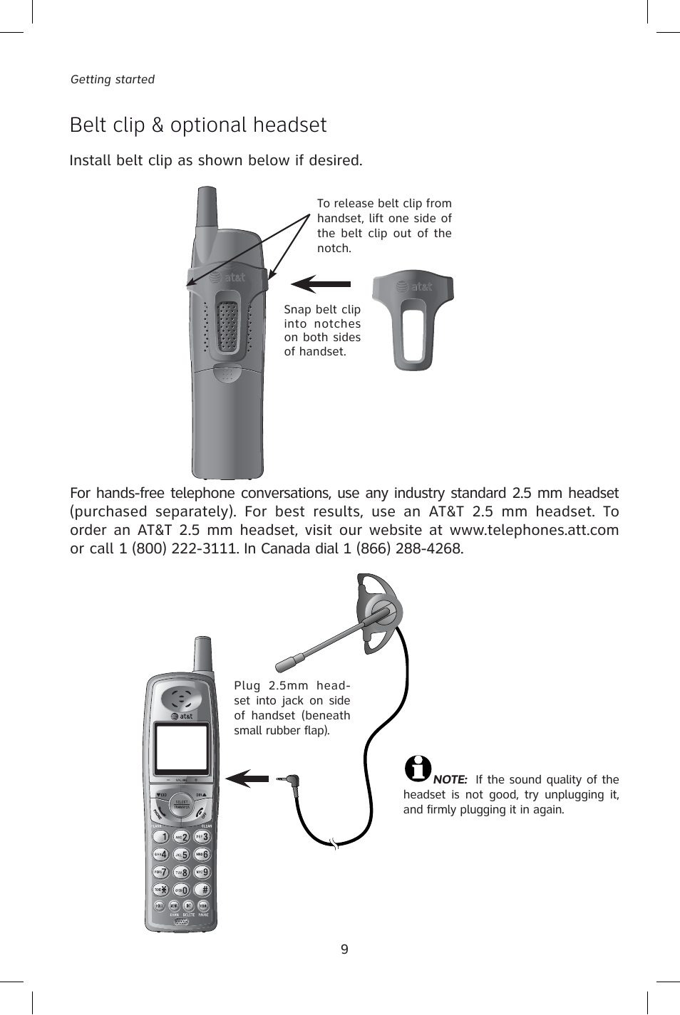 Belt clip & optional headset t | AT&T E1828B User Manual | Page 12 / 71