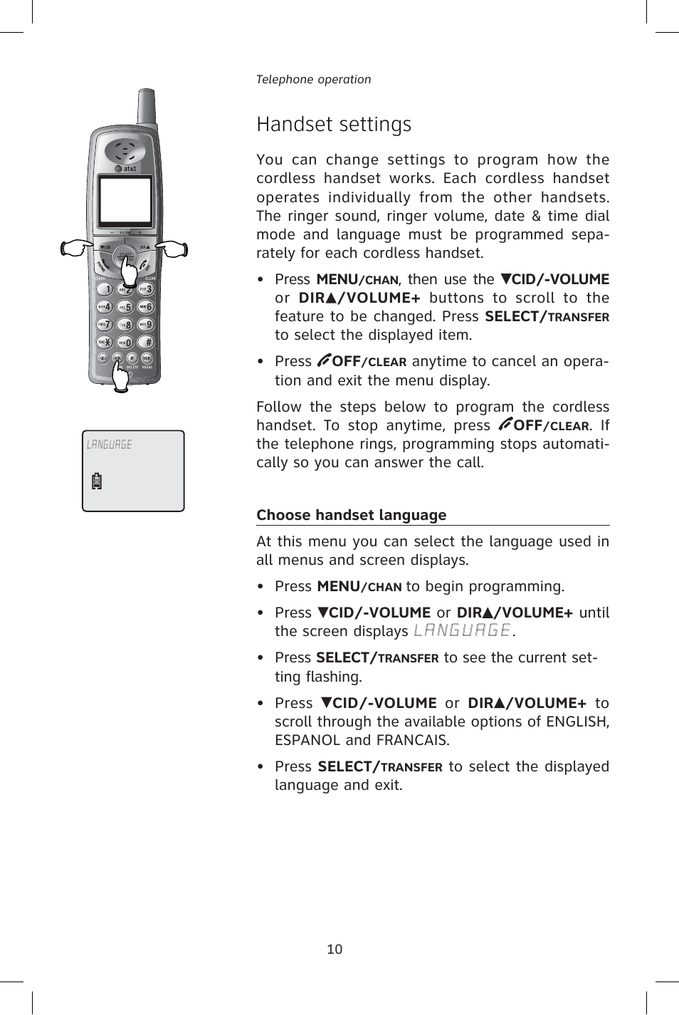 Handset settings | AT&T E1828B User Manual | Page 13 / 71