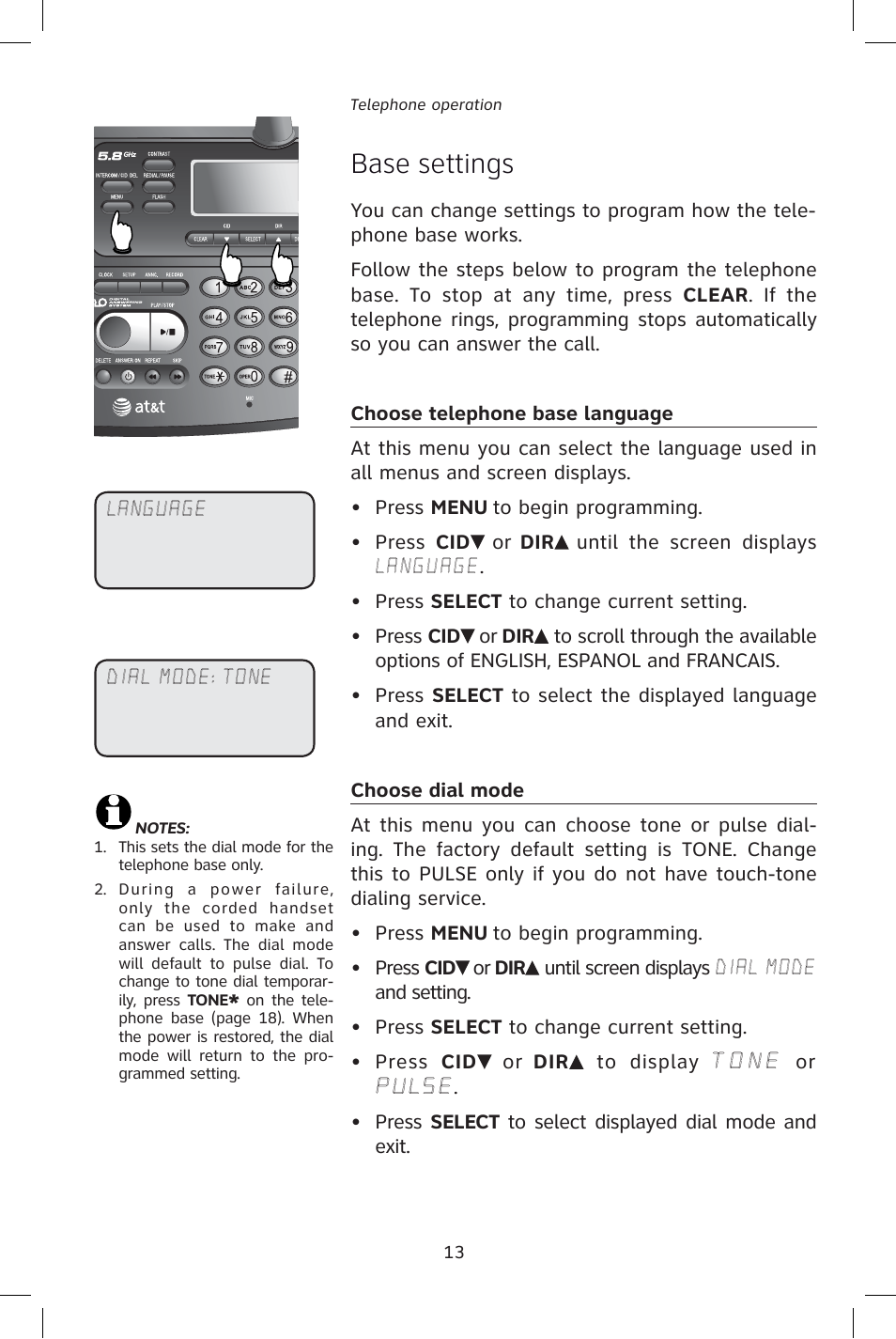 Base settings | AT&T E1828B User Manual | Page 16 / 71