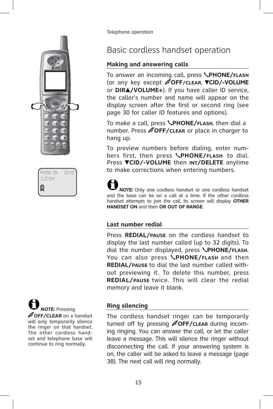 Basic cordless handset operation | AT&T E1828B User Manual | Page 18 / 71