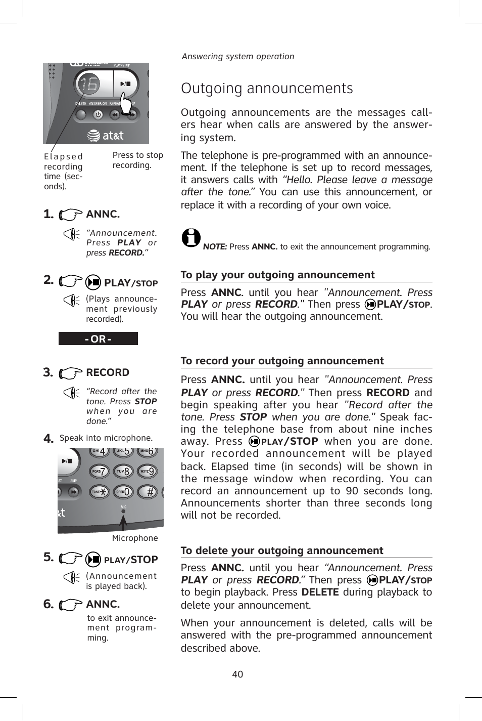 Outgoing announcements | AT&T E1828B User Manual | Page 43 / 71