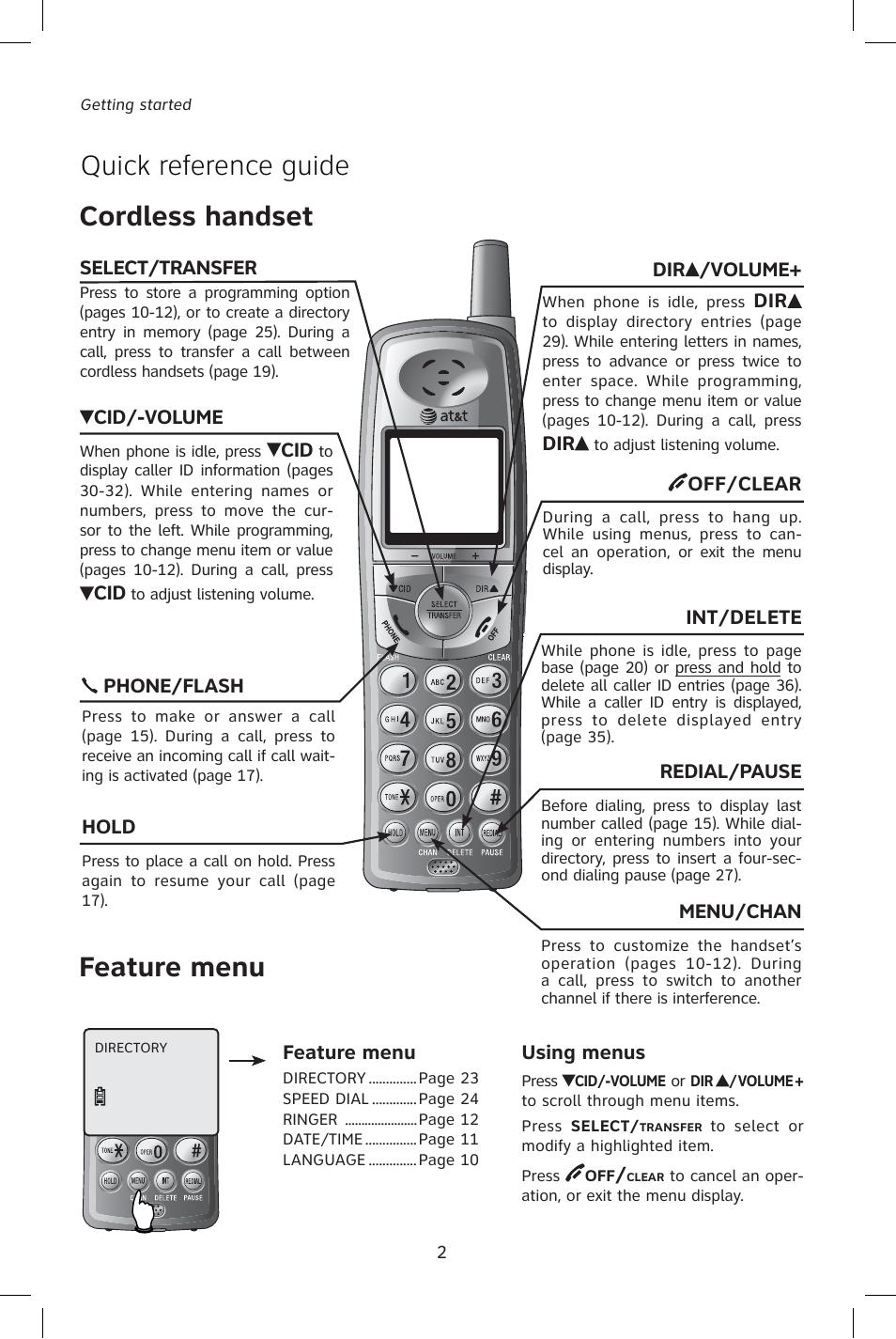 Quick reference guide, Cordless handset feature menu | AT&T E1828B User Manual | Page 5 / 71