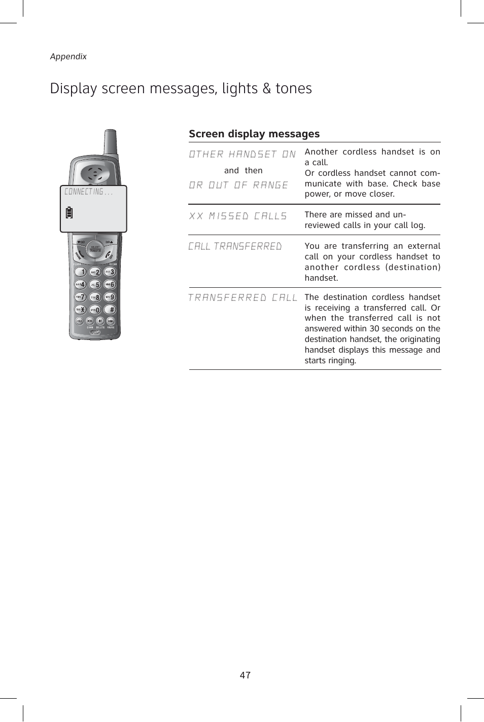 Display screen messages, lights & tones | AT&T E1828B User Manual | Page 50 / 71