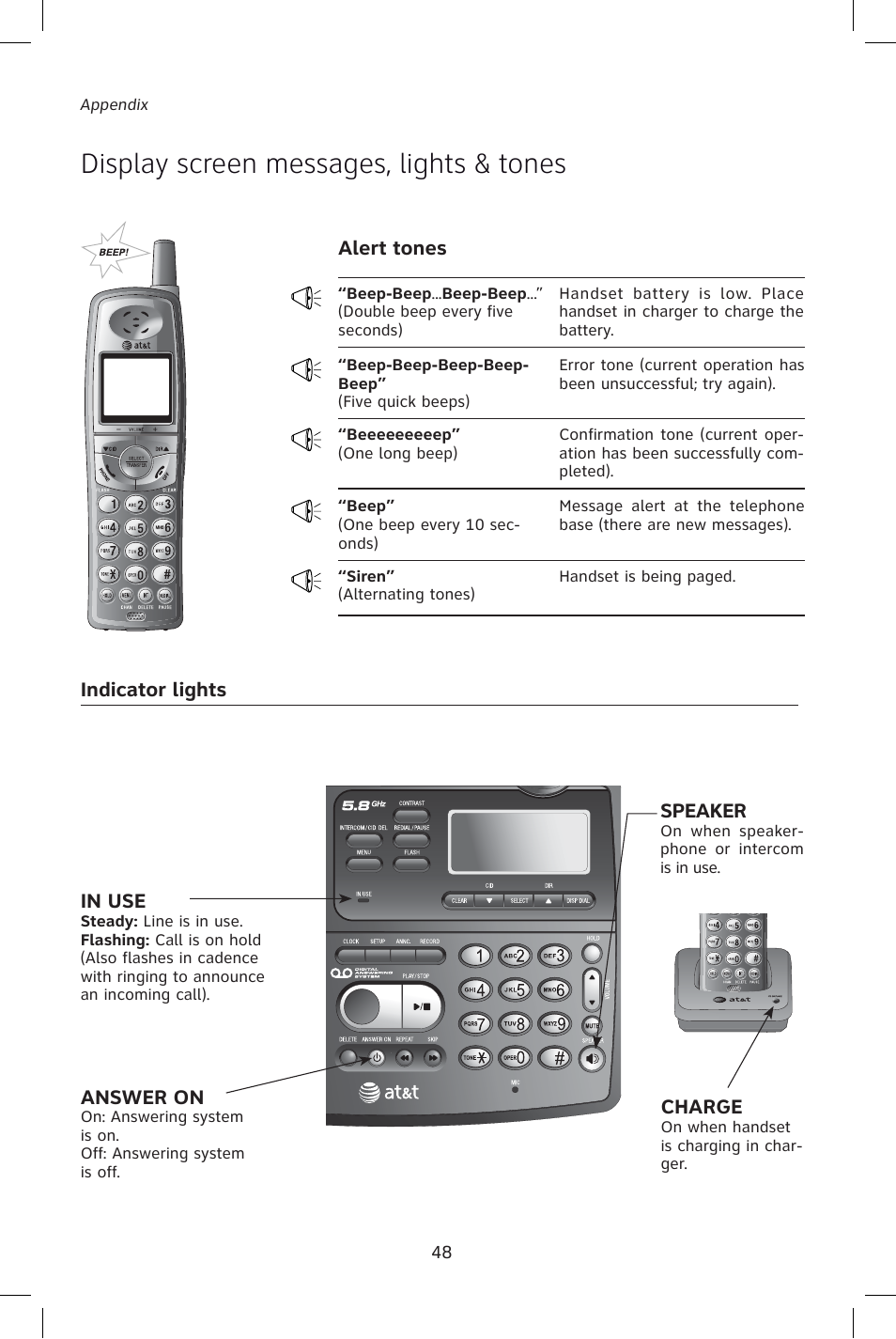 Display screen messages, lights & tones | AT&T E1828B User Manual | Page 51 / 71