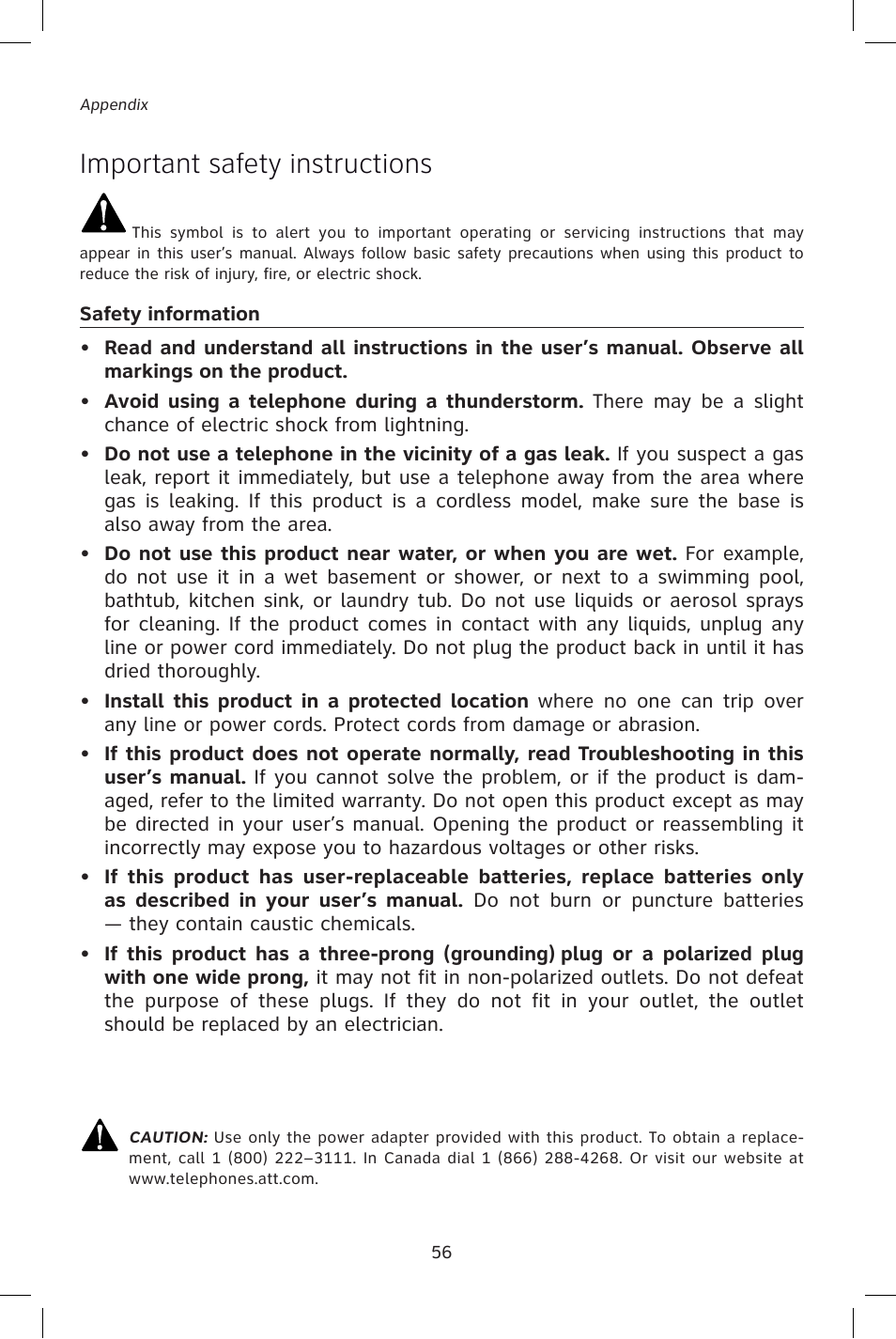 Important safety instructions | AT&T E1828B User Manual | Page 59 / 71