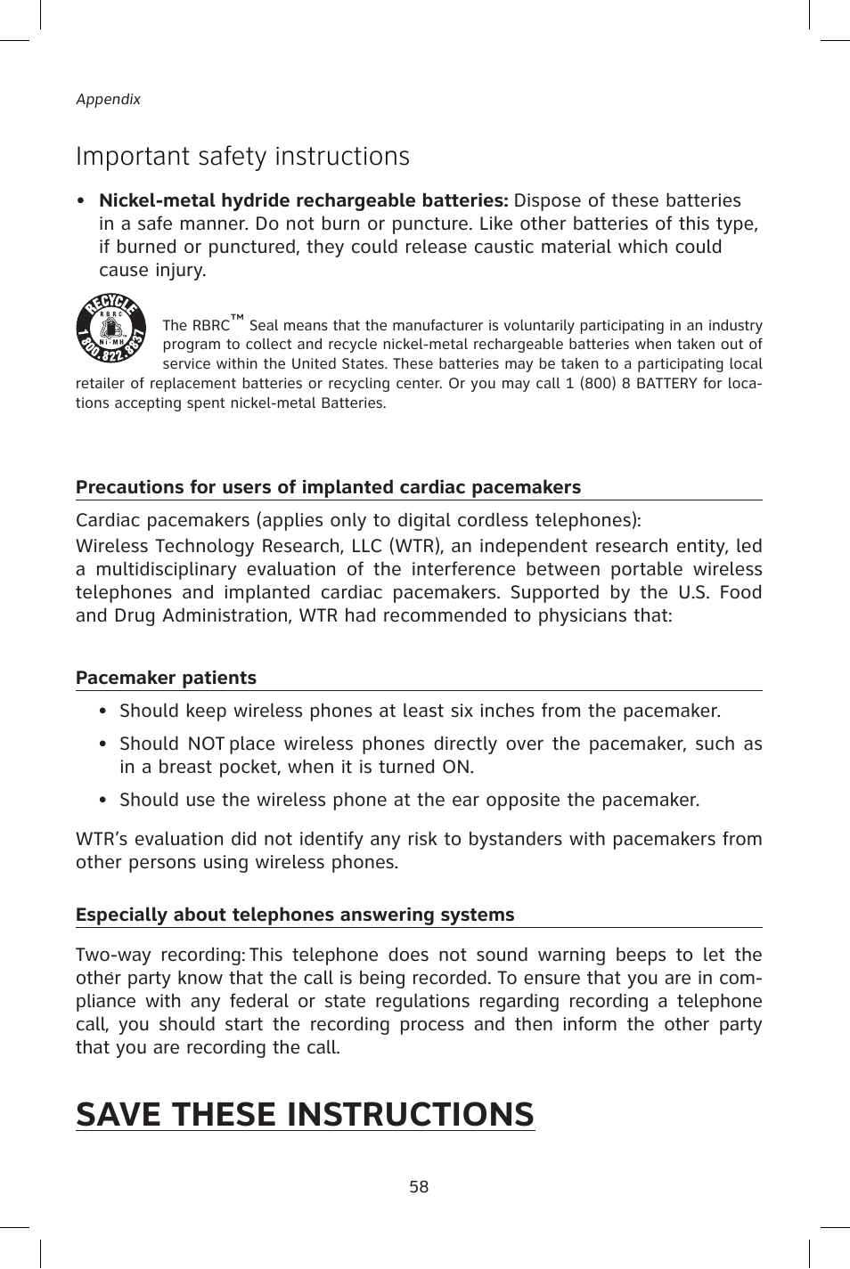 Save these instructions, Important safety instructions | AT&T E1828B User Manual | Page 61 / 71