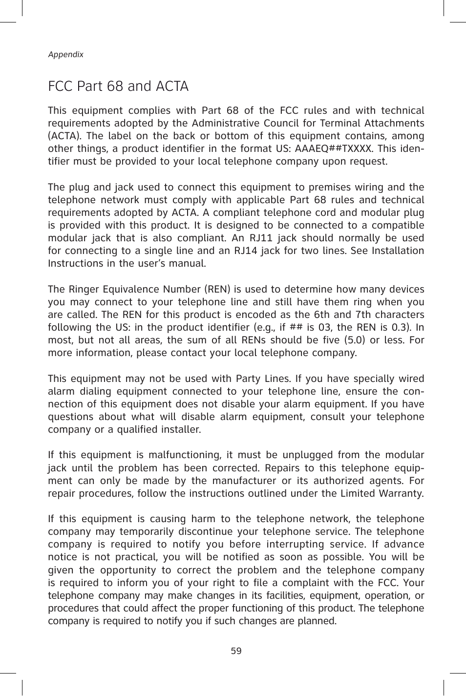 Fcc part 68 and acta | AT&T E1828B User Manual | Page 62 / 71