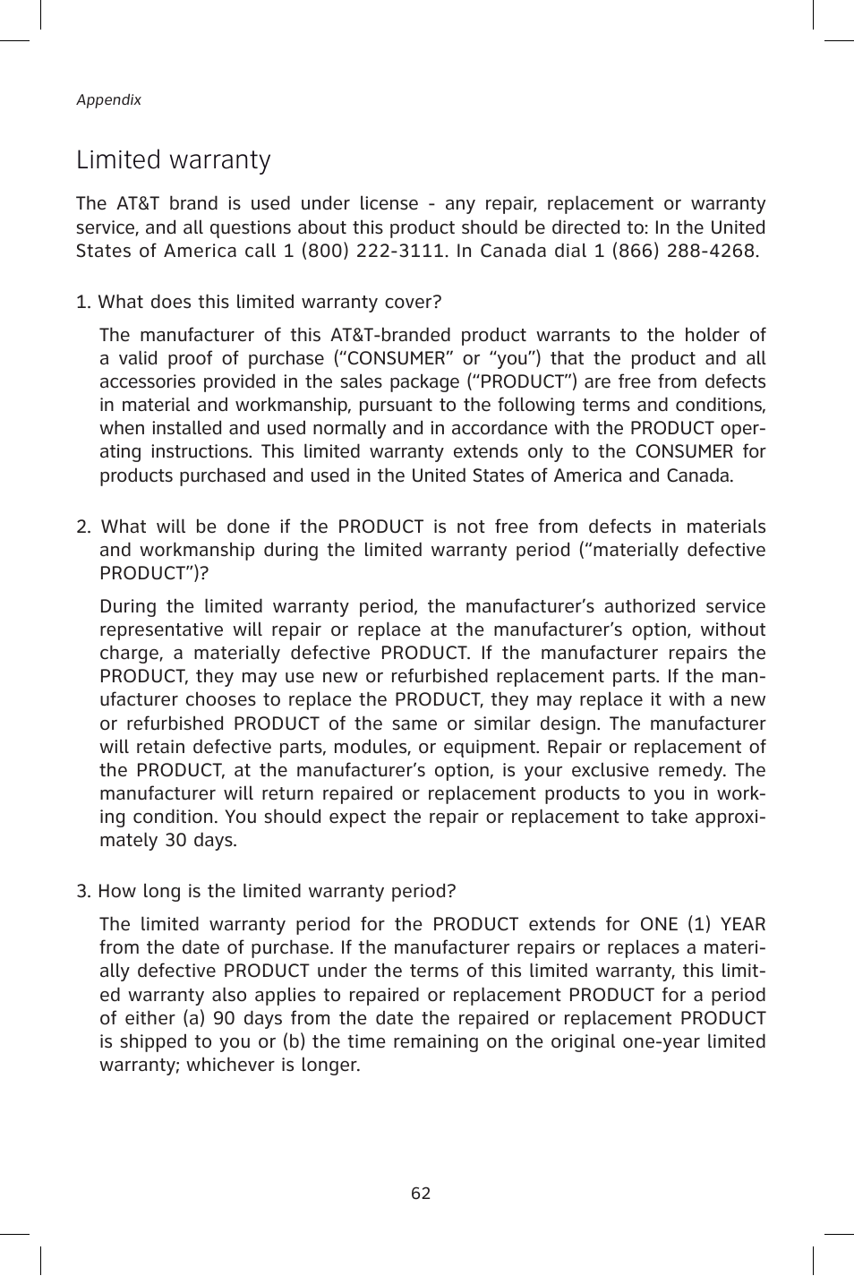 Limited warranty | AT&T E1828B User Manual | Page 65 / 71