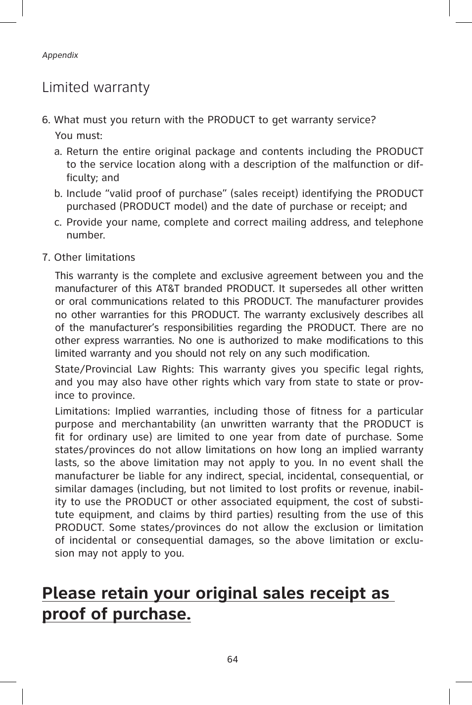Limited warranty | AT&T E1828B User Manual | Page 67 / 71