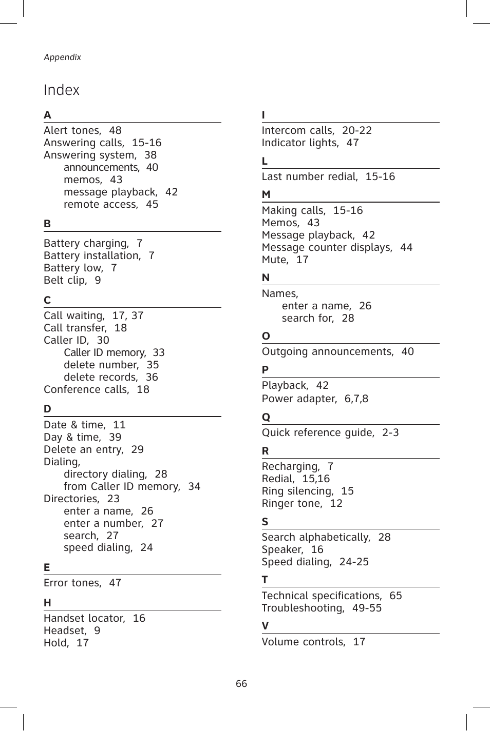 Index | AT&T E1828B User Manual | Page 69 / 71