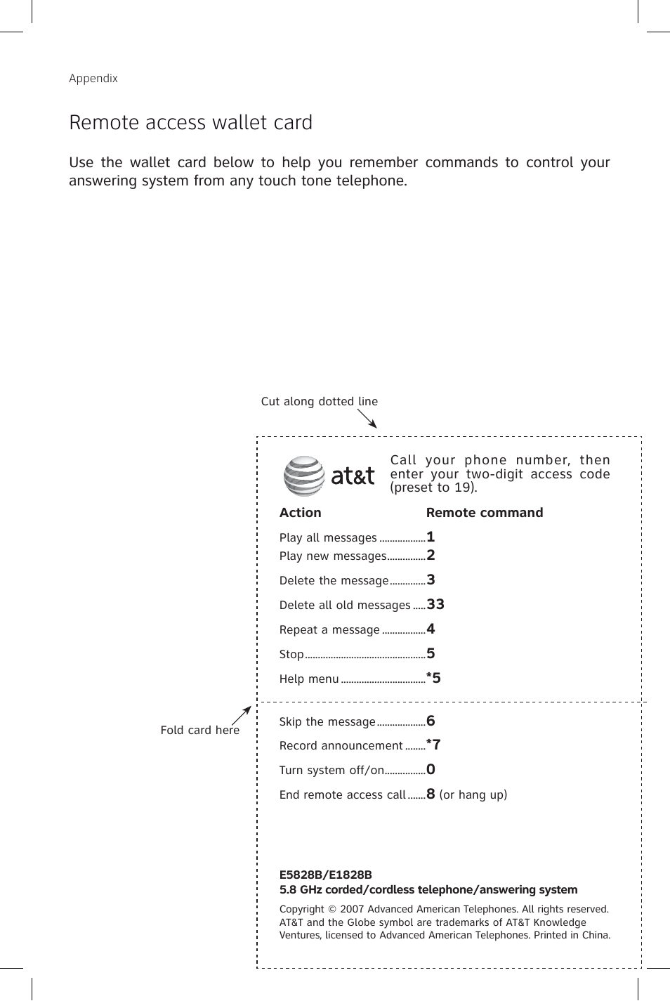 Remote access wallet card | AT&T E1828B User Manual | Page 70 / 71