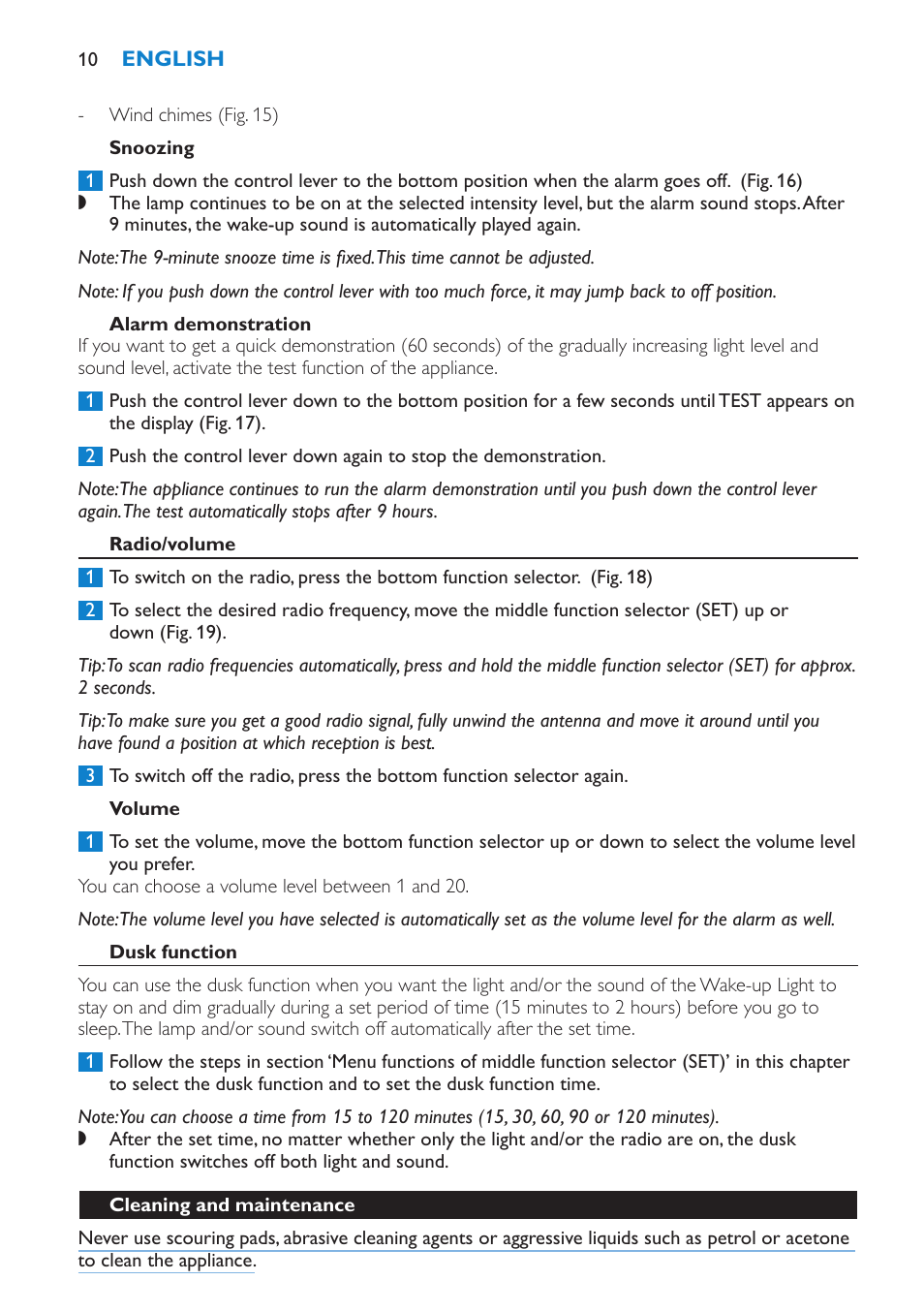 Snoozing, Alarm demonstration, Radio/volume | Volume, Dusk function, Cleaning and maintenance | Philips Éveil Lumière User Manual | Page 10 / 108