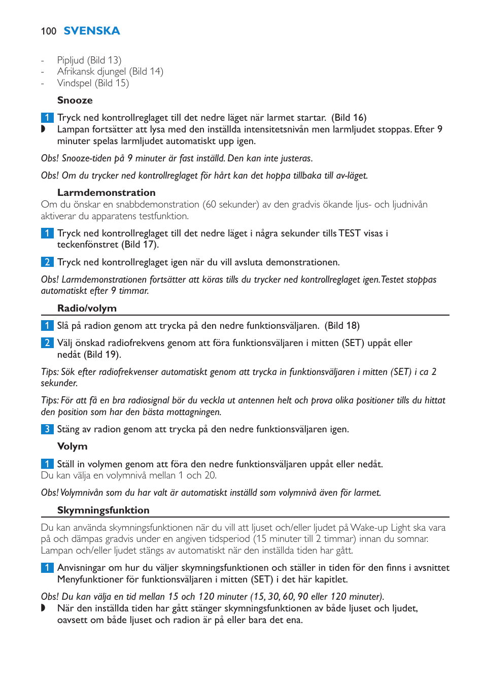 Snooze, Larmdemonstration, Radio/volym | Volym, Skymningsfunktion | Philips Éveil Lumière User Manual | Page 100 / 108