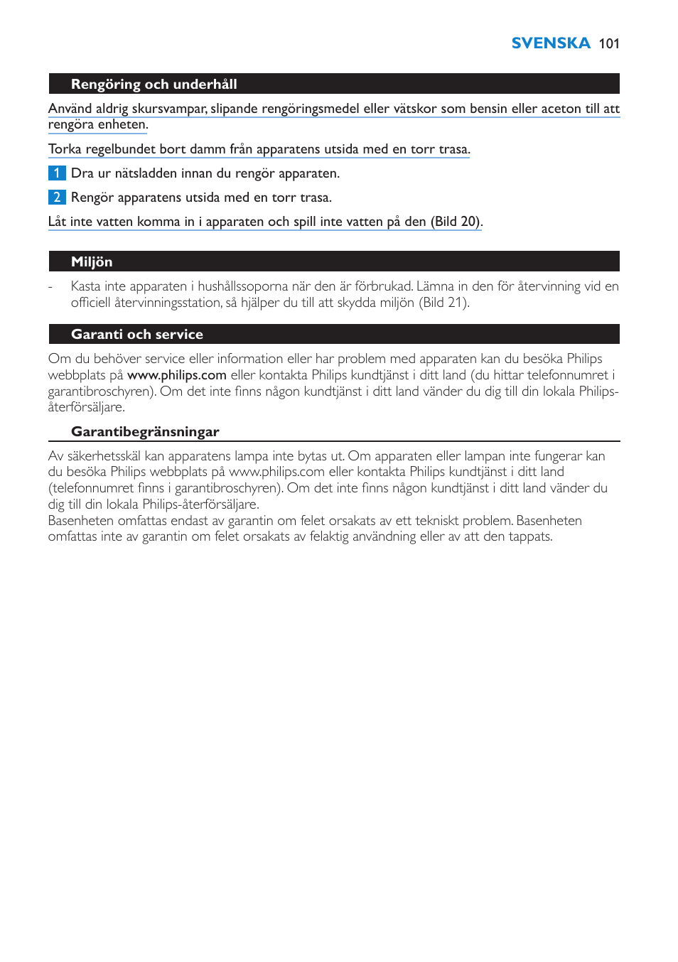 Rengöring och underhåll, Miljön, Garanti och service | Garantibegränsningar, Felsökning | Philips Éveil Lumière User Manual | Page 101 / 108