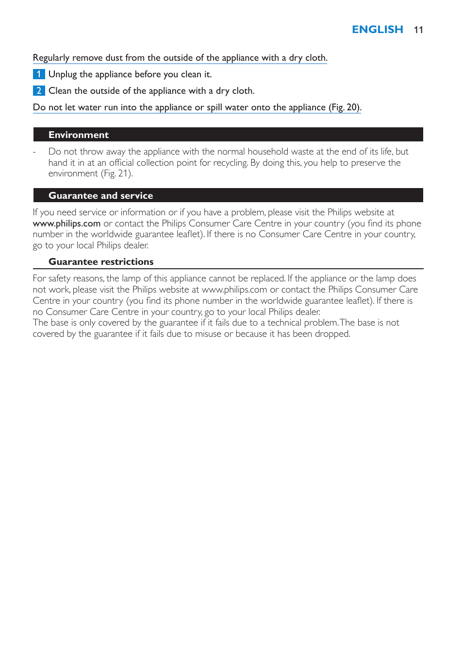 Environment, Guarantee and service, Guarantee restrictions | Troubleshooting | Philips Éveil Lumière User Manual | Page 11 / 108