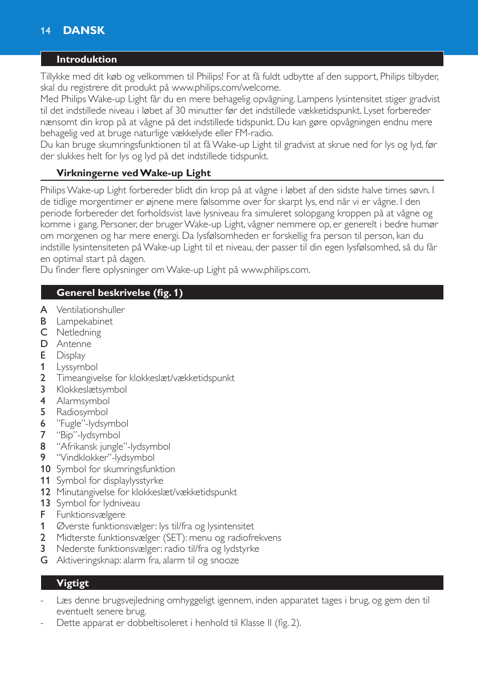 Dansk, Introduktion, Virkningerne ved wake-up light | Generel beskrivelse (fig. 1), Vigtigt | Philips Éveil Lumière User Manual | Page 14 / 108