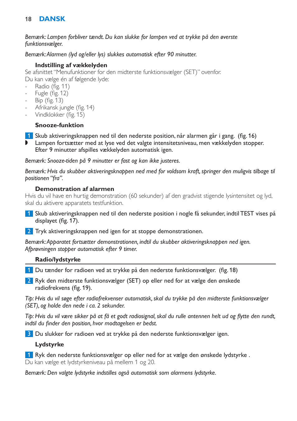 Indstilling af vækkelyden, Snooze-funktion, Demonstration af alarmen | Radio/lydstyrke, Lydstyrke | Philips Éveil Lumière User Manual | Page 18 / 108