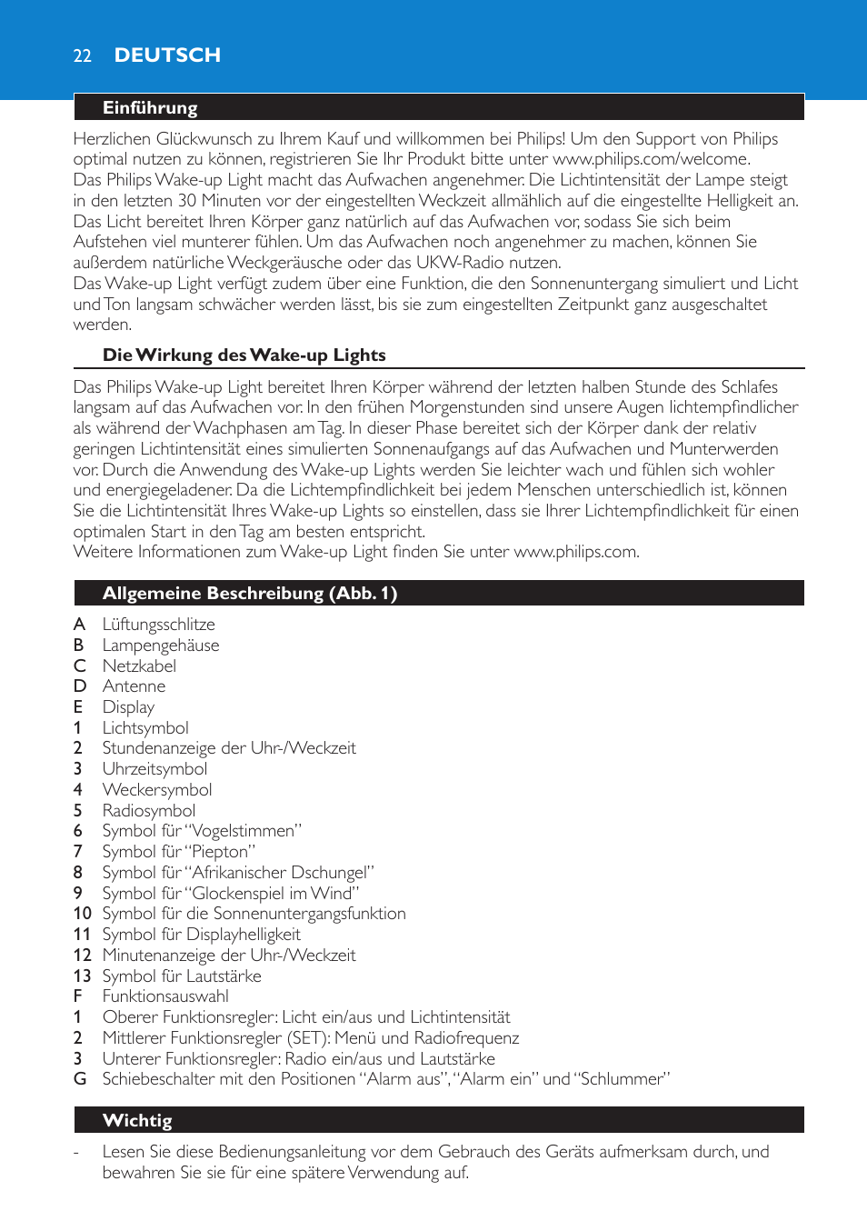 Deutsch, Einführung, Die wirkung des wake-up lights | Allgemeine beschreibung (abb. 1), Wichtig | Philips Éveil Lumière User Manual | Page 22 / 108