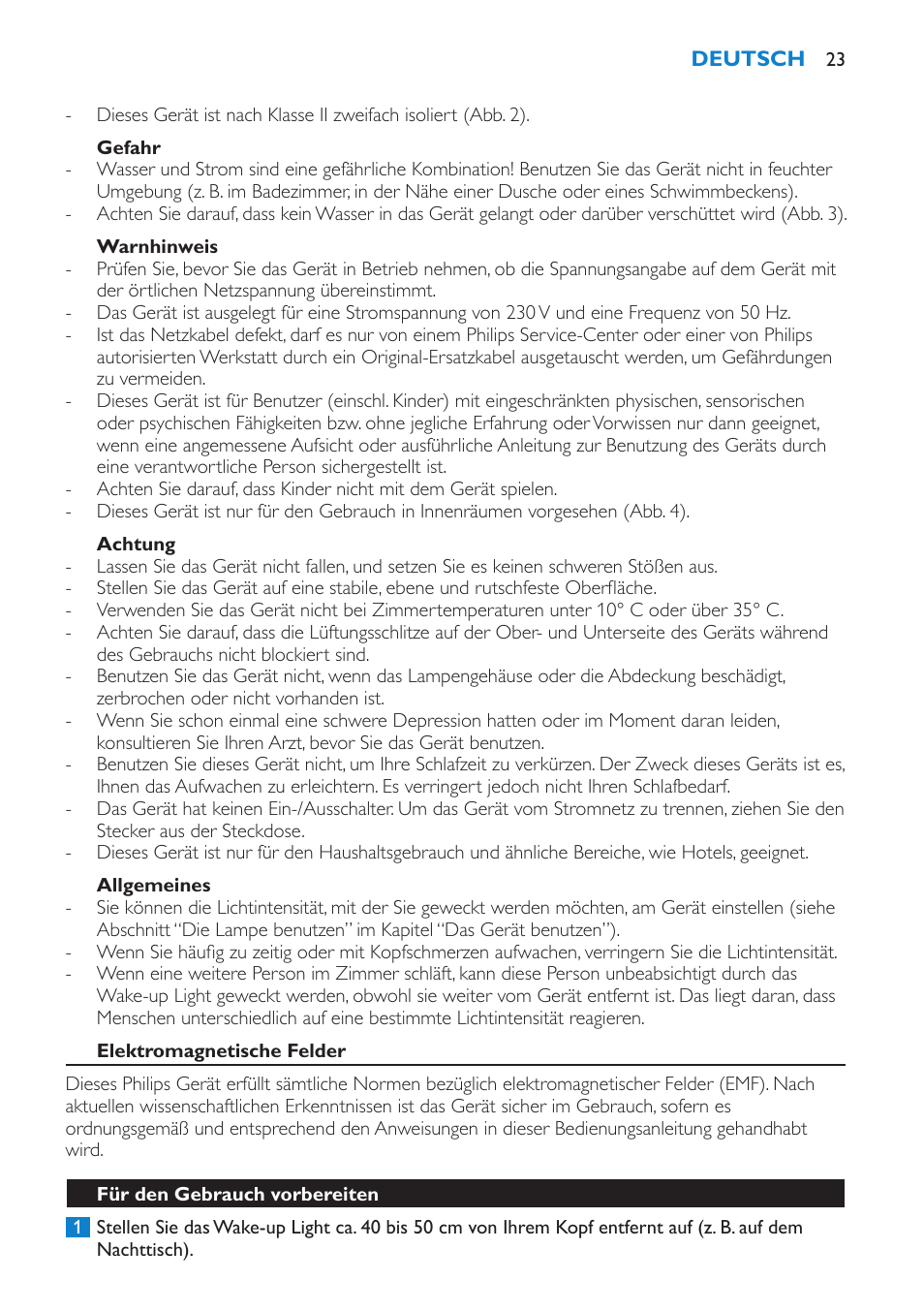 Gefahr, Warnhinweis, Achtung | Allgemeines, Elektromagnetische felder, Für den gebrauch vorbereiten | Philips Éveil Lumière User Manual | Page 23 / 108