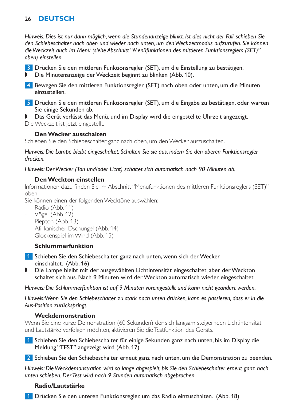 Den wecker ausschalten, Den weckton einstellen, Schlummerfunktion | Weckdemonstration, Radio/lautstärke | Philips Éveil Lumière User Manual | Page 26 / 108