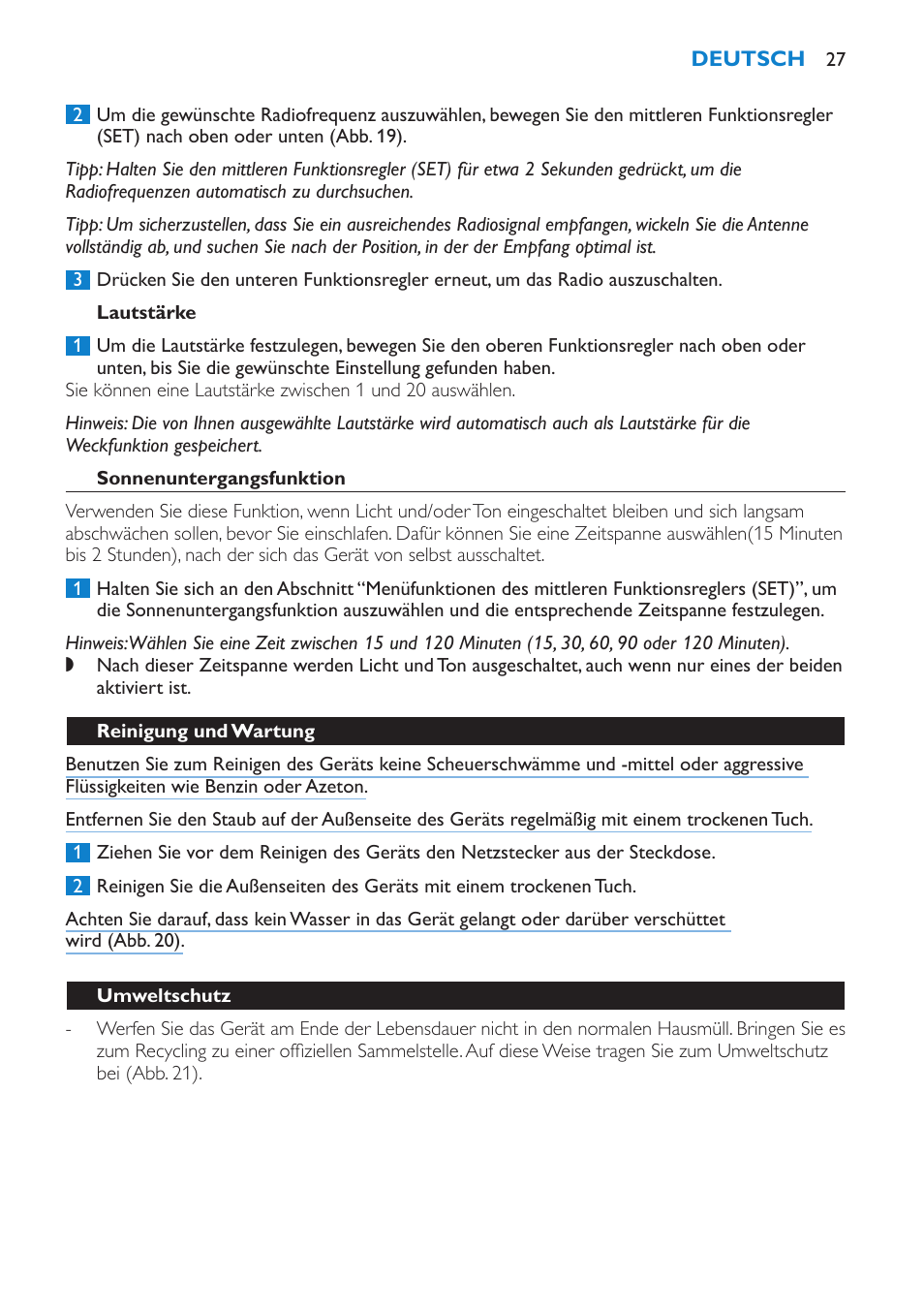 Lautstärke, Sonnenuntergangsfunktion, Reinigung und wartung | Umweltschutz, Garantie und kundendienst | Philips Éveil Lumière User Manual | Page 27 / 108