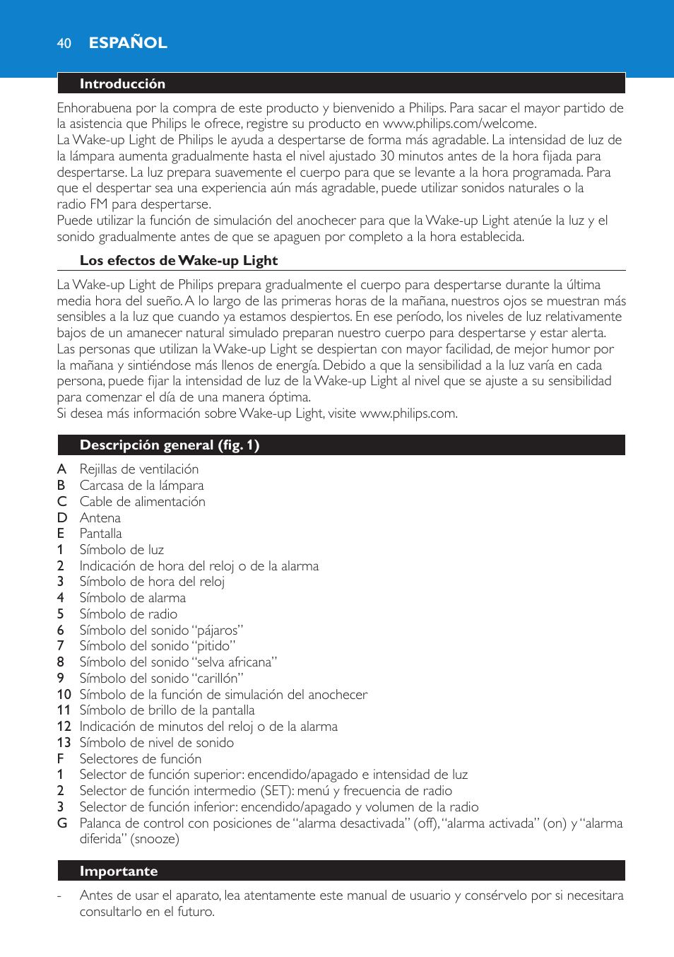 Español, Introducción, Los efectos de wake-up light | Descripción general (fig. 1), Importante | Philips Éveil Lumière User Manual | Page 40 / 108