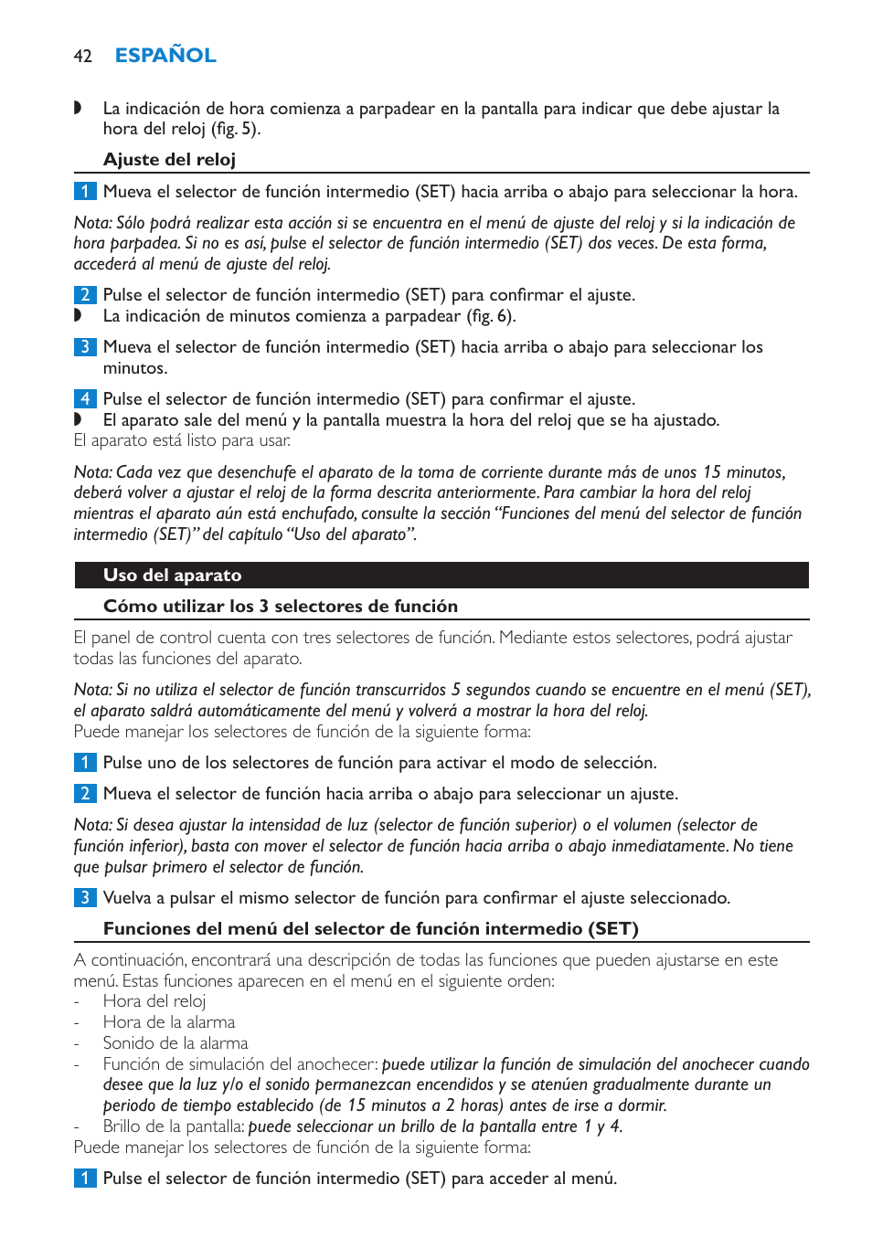 Ajuste del reloj, Uso del aparato, Cómo utilizar los 3 selectores de función | Philips Éveil Lumière User Manual | Page 42 / 108