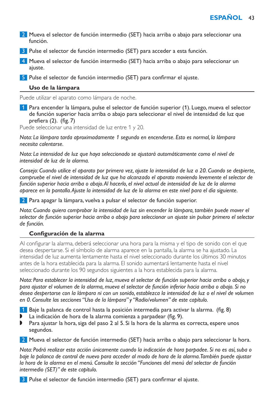 Uso de la lámpara, Configuración de la alarma | Philips Éveil Lumière User Manual | Page 43 / 108