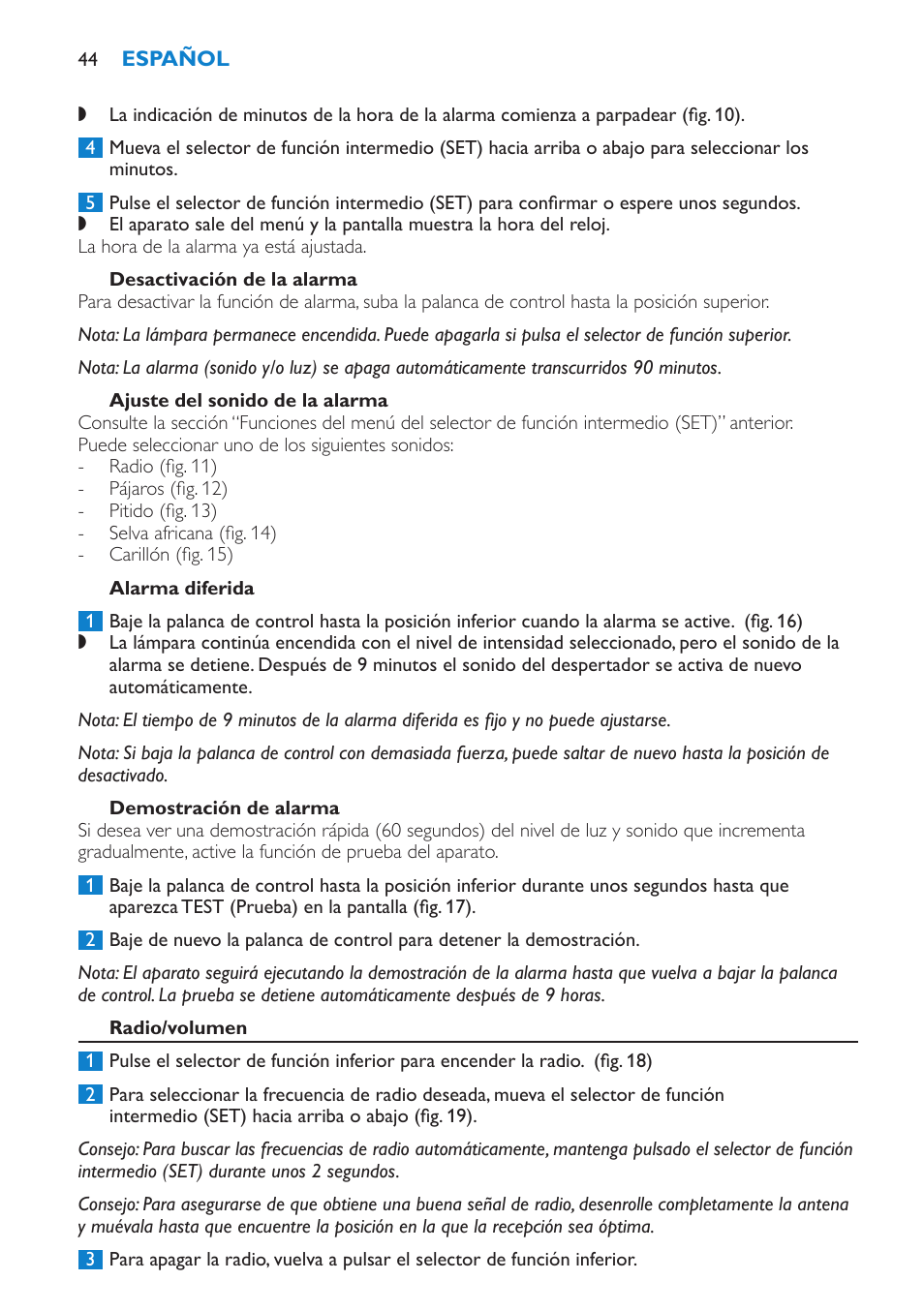 Desactivación de la alarma, Ajuste del sonido de la alarma, Alarma diferida | Demostración de alarma, Radio/volumen | Philips Éveil Lumière User Manual | Page 44 / 108