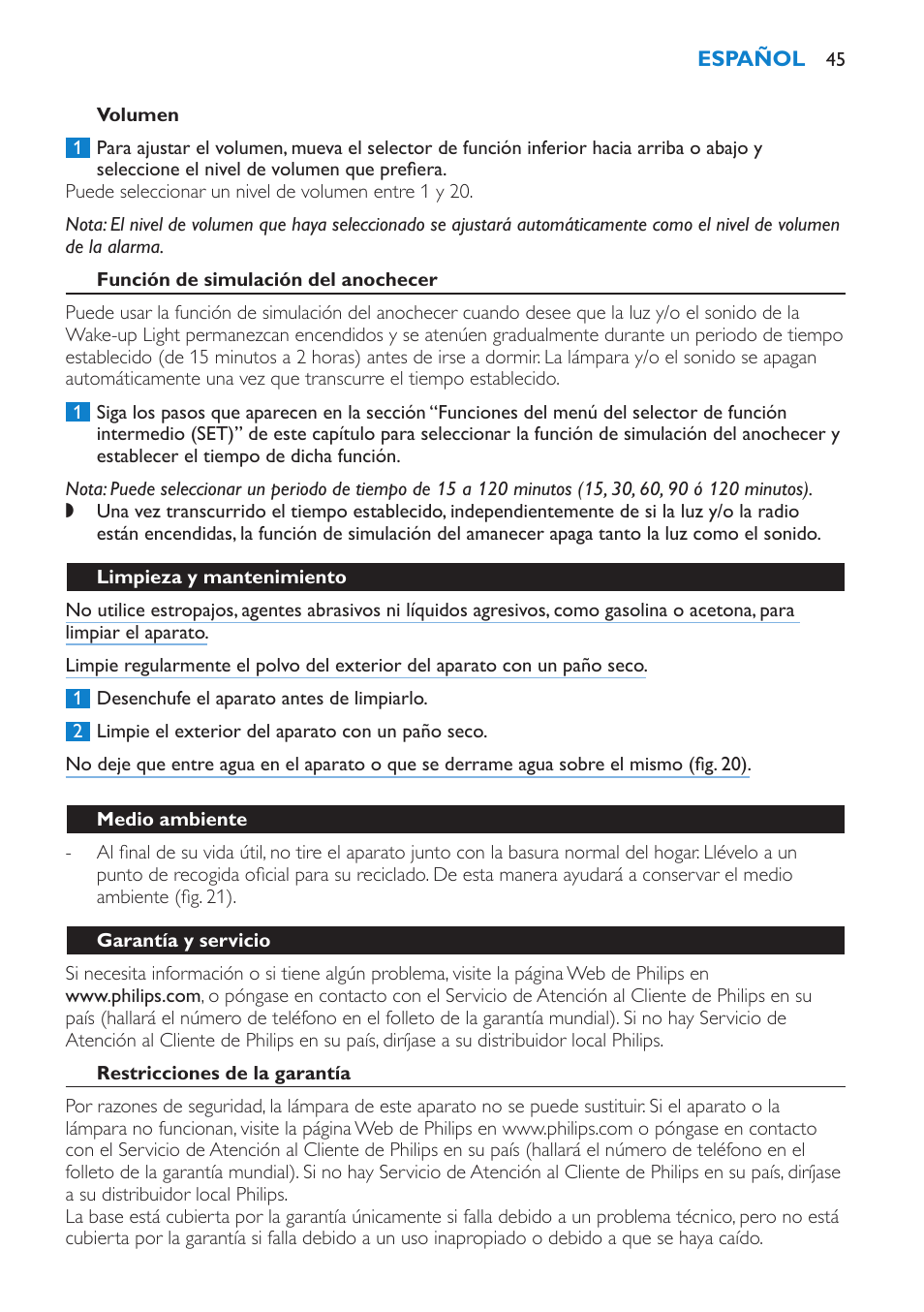 Volumen, Función de simulación del anochecer, Limpieza y mantenimiento | Medio ambiente, Garantía y servicio, Restricciones de la garantía | Philips Éveil Lumière User Manual | Page 45 / 108