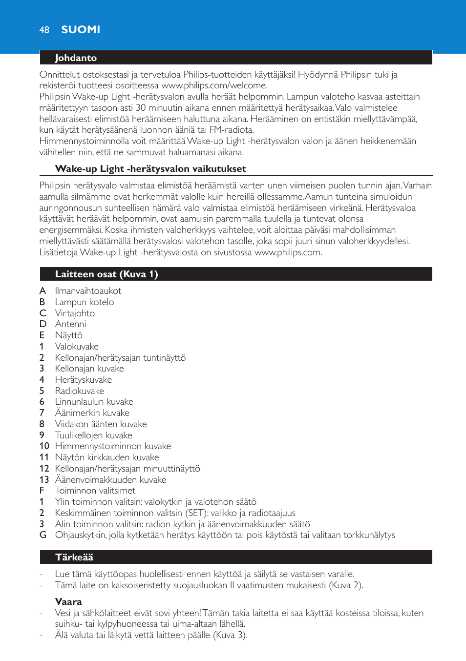 Suomi, Johdanto, Wake-up light -herätysvalon vaikutukset | Vaara, Laitteen osat (kuva 1), Tärkeää | Philips Éveil Lumière User Manual | Page 48 / 108