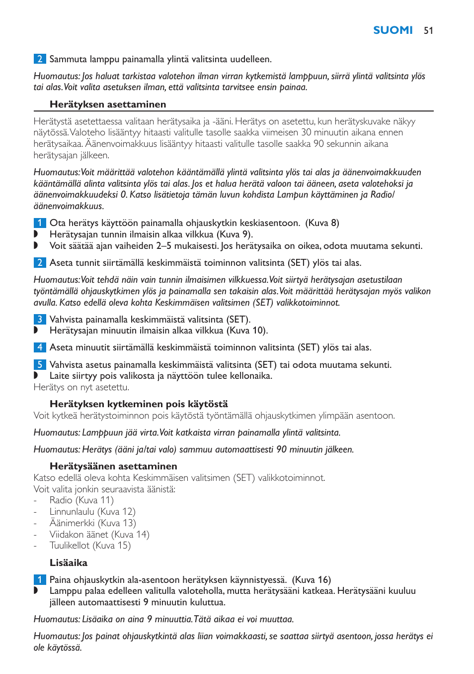 Herätyksen asettaminen, Herätyksen kytkeminen pois käytöstä, Herätysäänen asettaminen | Lisäaika | Philips Éveil Lumière User Manual | Page 51 / 108