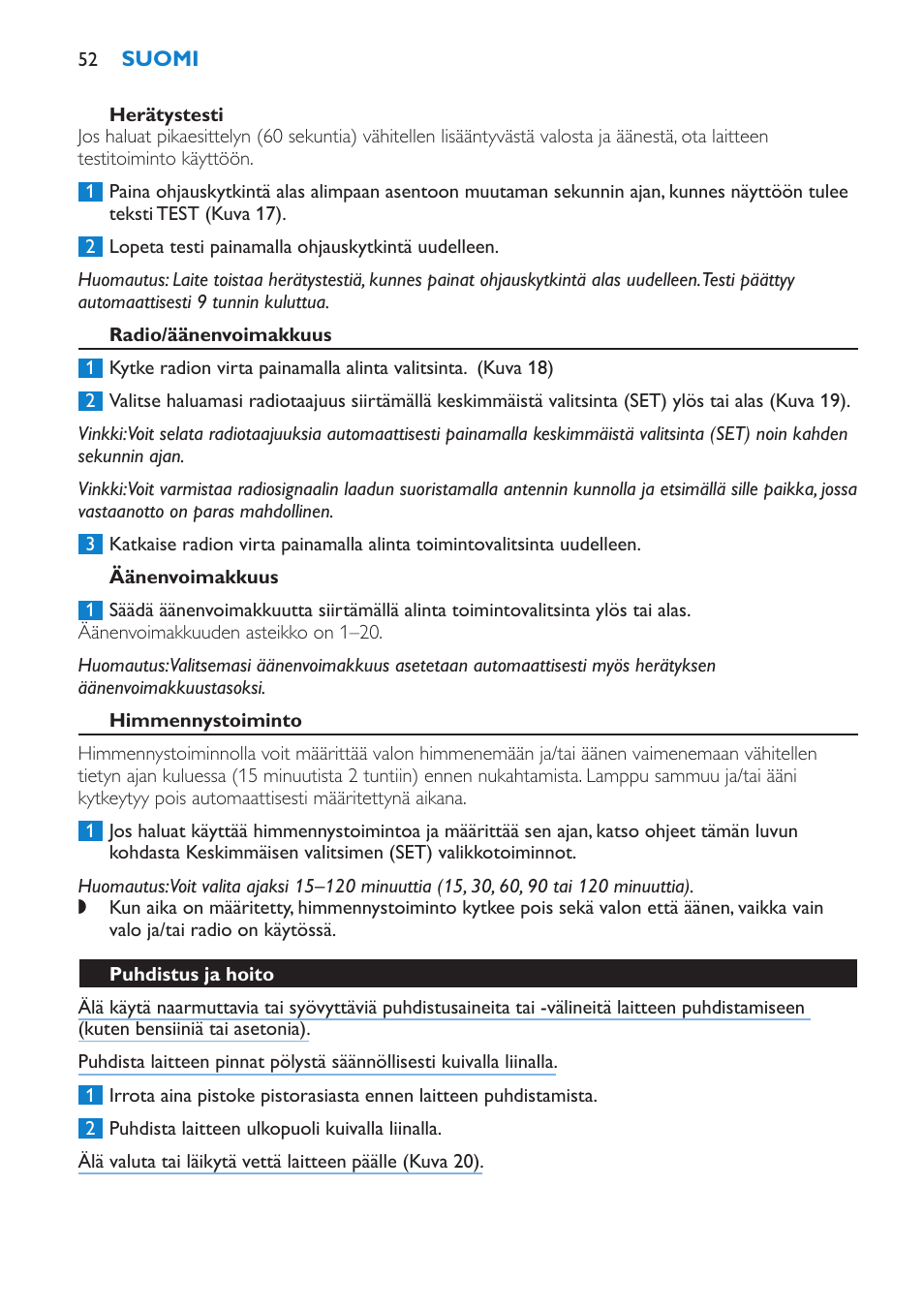 Herätystesti, Radio/äänenvoimakkuus, Äänenvoimakkuus | Himmennystoiminto, Puhdistus ja hoito | Philips Éveil Lumière User Manual | Page 52 / 108