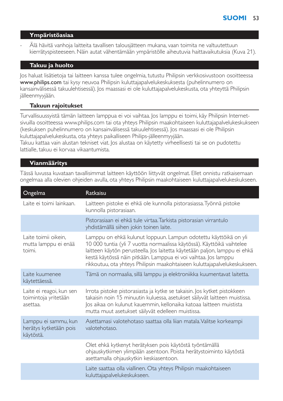 Ympäristöasiaa, Takuu ja huolto, Takuun rajoitukset | Vianmääritys | Philips Éveil Lumière User Manual | Page 53 / 108