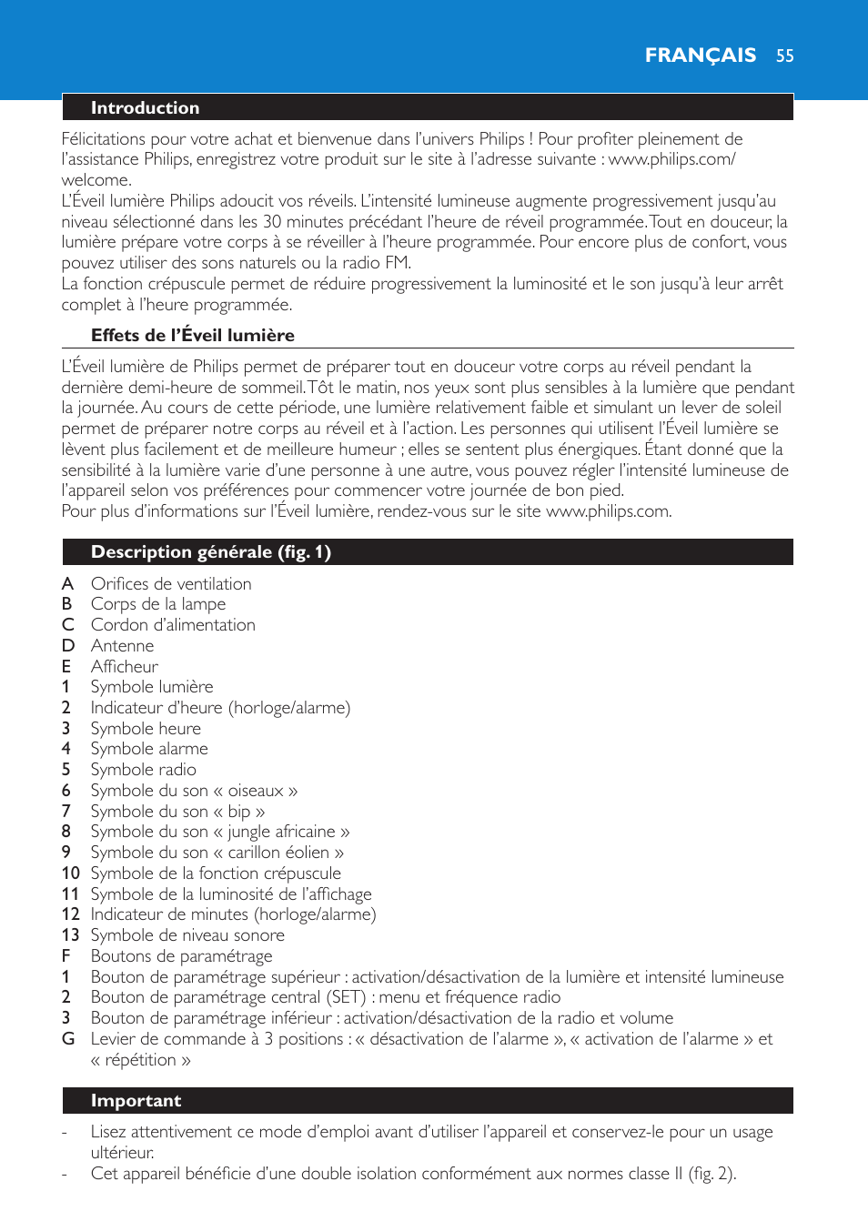 Français, Introduction, Effets de l’éveil lumière | Description générale (fig. 1), Important | Philips Éveil Lumière User Manual | Page 55 / 108