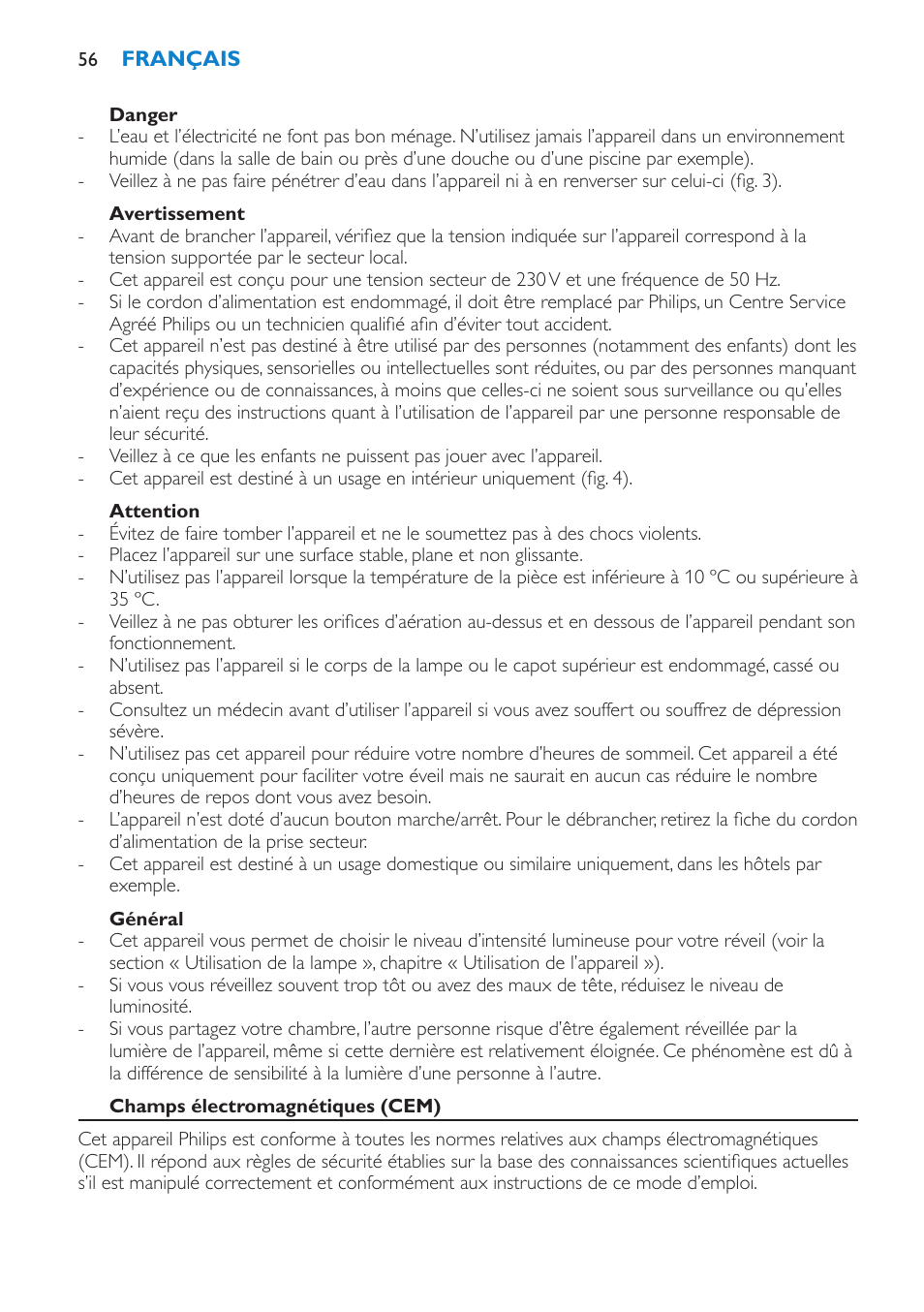 Danger, Avertissement, Attention | Général, Champs électromagnétiques (cem) | Philips Éveil Lumière User Manual | Page 56 / 108