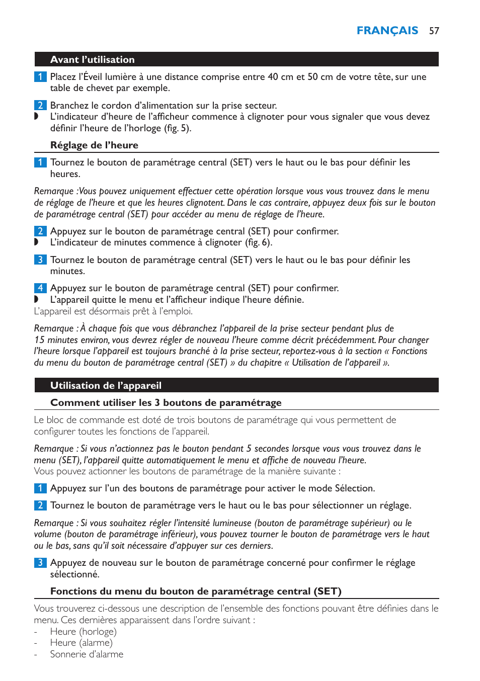 Avant l’utilisation, Réglage de l’heure, Utilisation de l’appareil | Comment utiliser les 3 boutons de paramétrage | Philips Éveil Lumière User Manual | Page 57 / 108