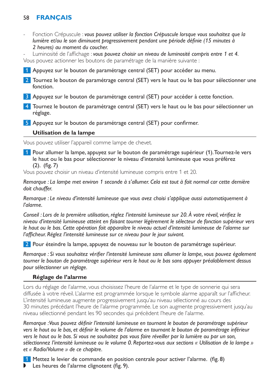 Utilisation de la lampe, Réglage de l’alarme | Philips Éveil Lumière User Manual | Page 58 / 108