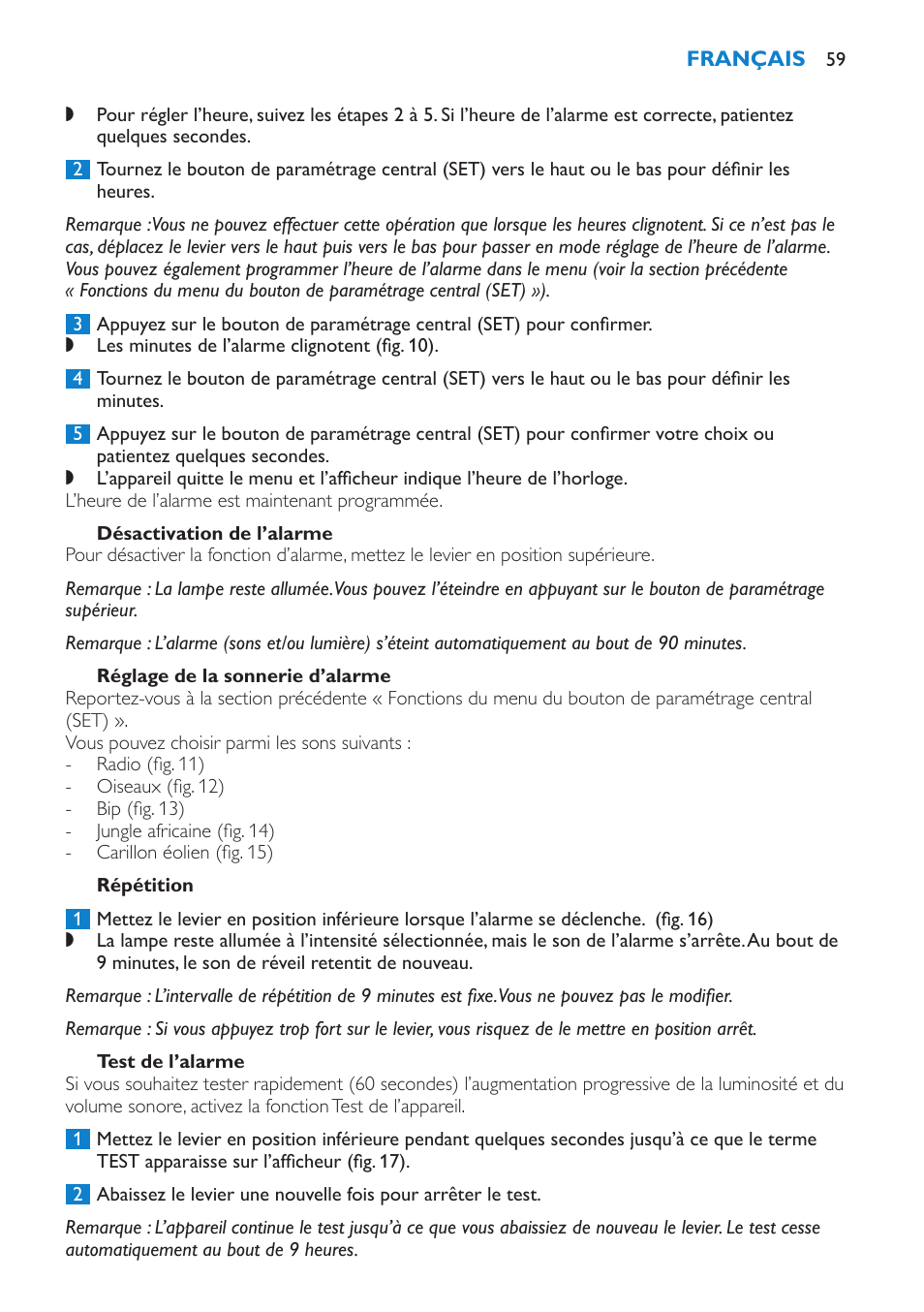 Désactivation de l’alarme, Réglage de la sonnerie d’alarme, Répétition | Test de l’alarme | Philips Éveil Lumière User Manual | Page 59 / 108