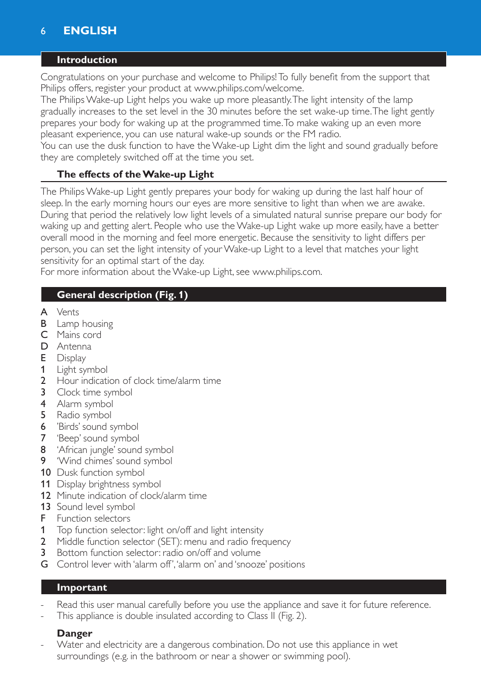 English, Introduction, The effects of the wake-up light | Danger, General description (fig. 1), Important | Philips Éveil Lumière User Manual | Page 6 / 108