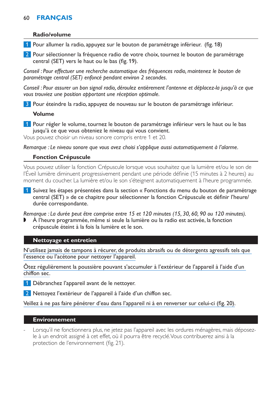 Radio/volume, Volume, Fonction crépuscule | Nettoyage et entretien, Environnement, Garantie et service | Philips Éveil Lumière User Manual | Page 60 / 108