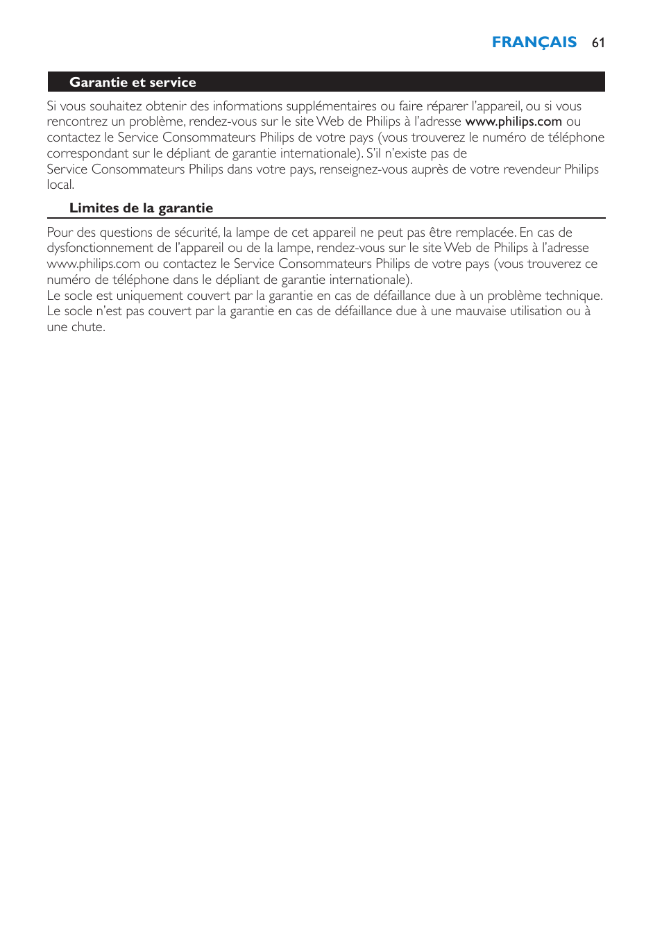 Limites de la garantie, Dépannage | Philips Éveil Lumière User Manual | Page 61 / 108