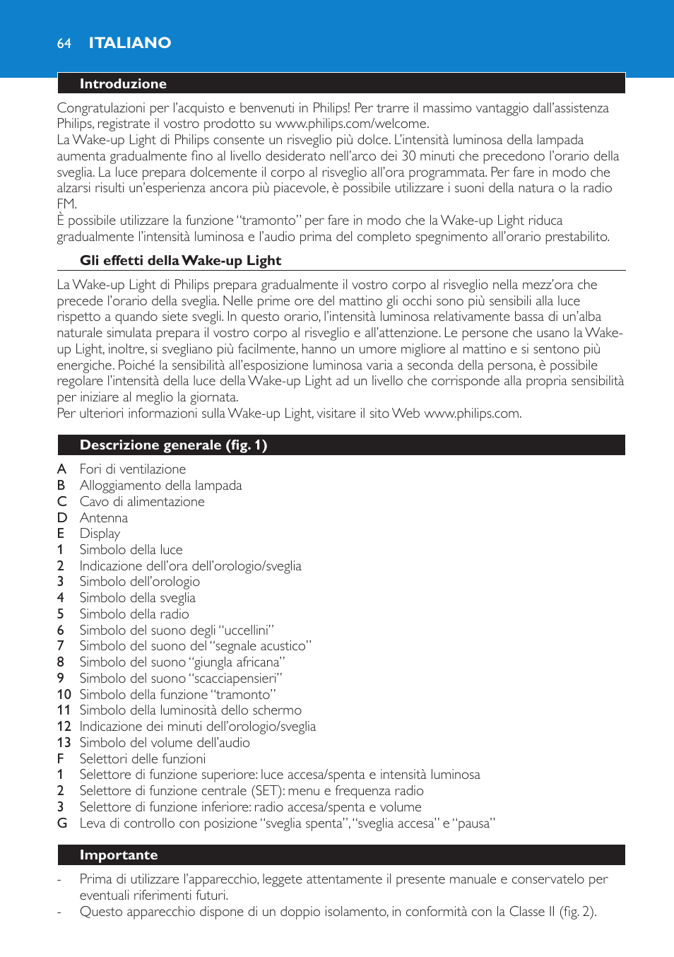 Italiano, Introduzione, Gli effetti della wake-up light | Descrizione generale (fig. 1), Importante | Philips Éveil Lumière User Manual | Page 64 / 108